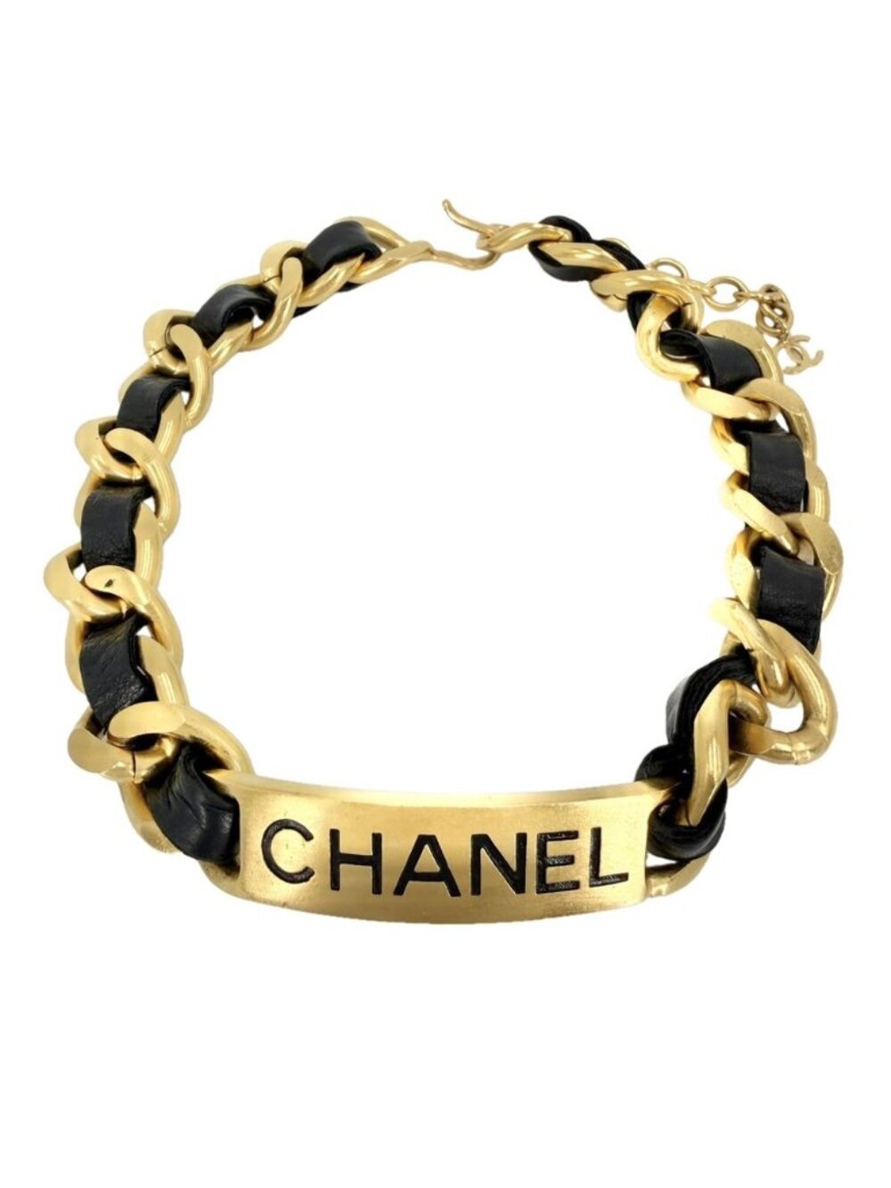 Chanel Choker CC Logo Plate Necklace Adjustable Leather 95P Gold Black